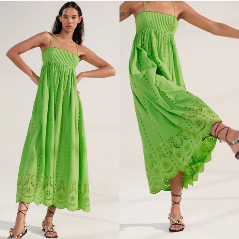 Zara Green Smocked Sundress Sleeveless Resort Wear